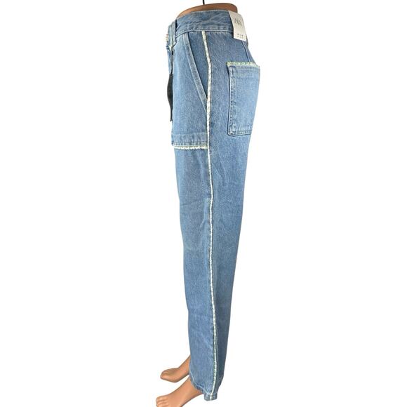 NEW Zara Women's Blue High Waisted Flower Button Wide Leg Denim Jeans Pants Sz 4 - Picture 2 of 6